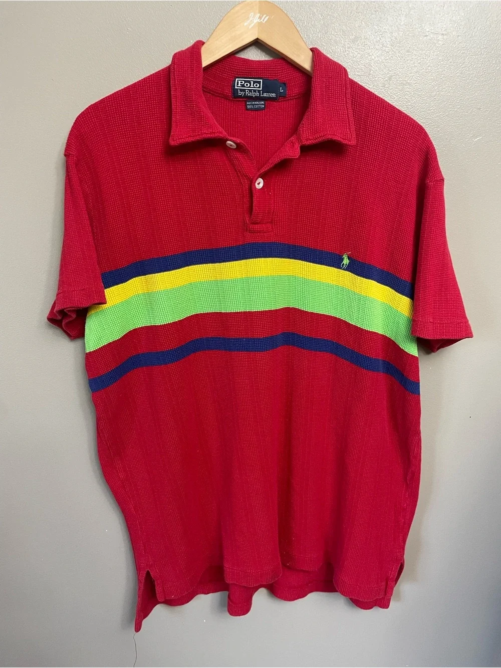Vintage Polo Ralph Lauren Large Waffle Knit Polo Shirt red stripe preppy